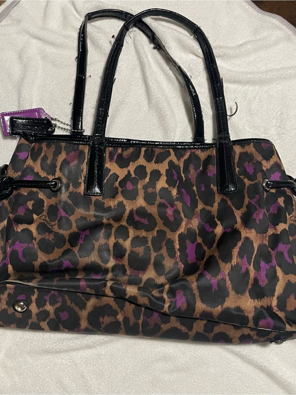 Coach Leopard-Print Brown Purple Black Tote Zip Closure Women Designer Bag - Picture 3 of 8